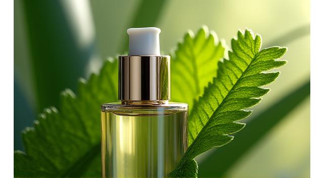 Composition esthétique pour mobile, mélangeant une feuille de fougère et un flacon de produit de laboratoire.