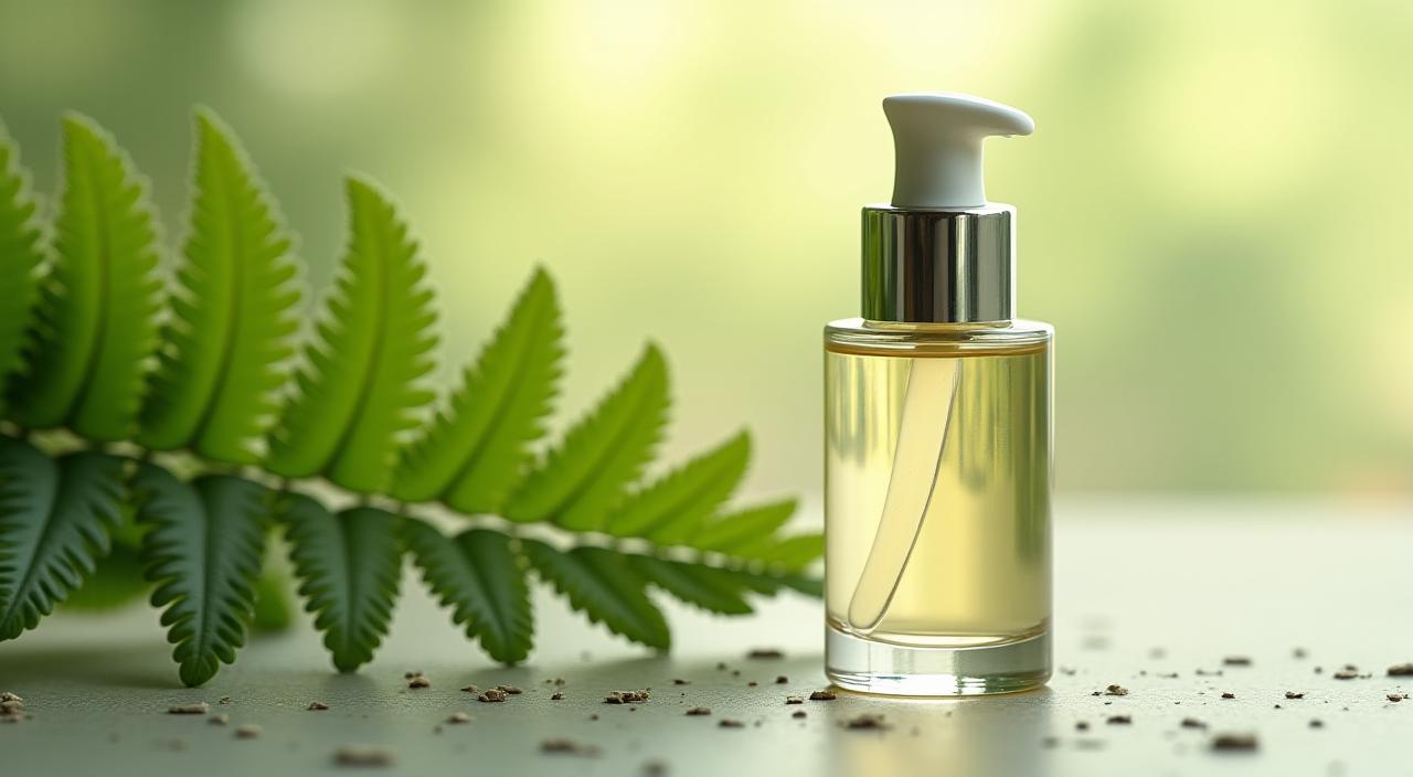 Composition esthétique mêlant une feuille de fougère et un flacon de produit de laboratoire pour Onyxo Botanique, symbolisant la fusion de la nature et de la science.