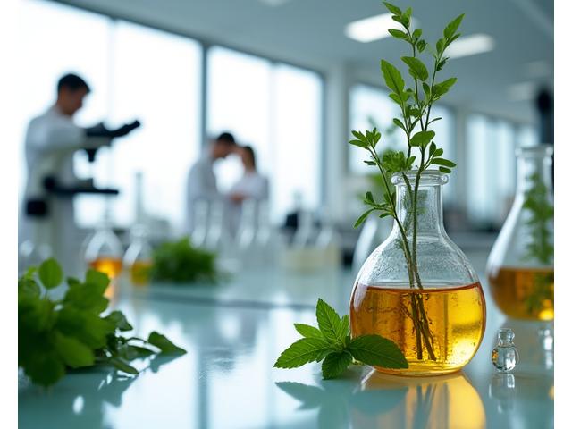 Image d'un laboratoire de recherche moderne avec des fioles, des microscopes et des plantes botaniques